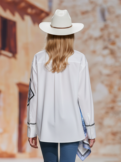 Stylish Silk Scarf Print White Loose-fitting Shirt