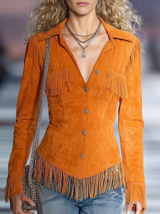 Retro-style Orange Faux Suede Tassel Shirt