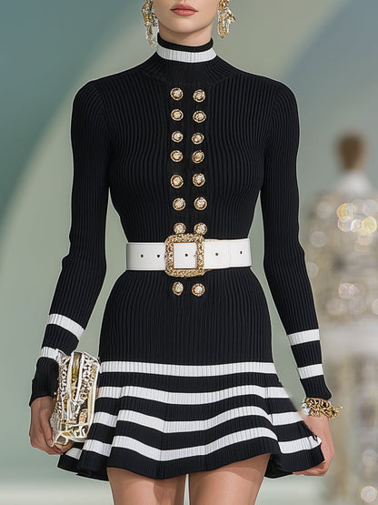 Stylish And Elegant High-neck Double-breasted Black And White Striped Knit Mini Dress