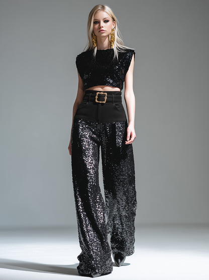 Trendy Urban Denim Patchwork Sequined Wide-leg Pants
