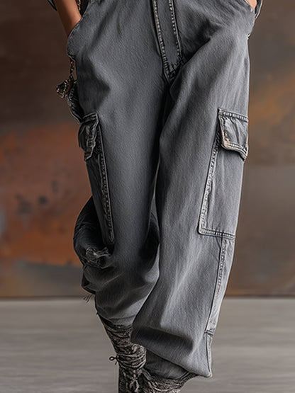 Stylish And Casual Front-zip Hooded Grey Denim Loose-fitting Pocket Jumpsuit