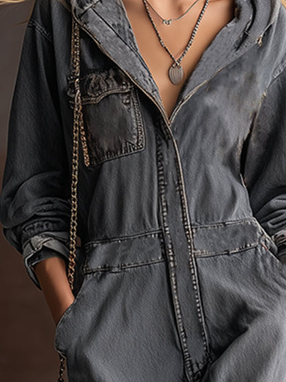 Stylish And Casual Front-zip Hooded Grey Denim Loose-fitting Pocket Jumpsuit