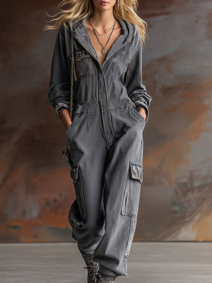 Stylish And Casual Front-zip Hooded Grey Denim Loose-fitting Pocket Jumpsuit