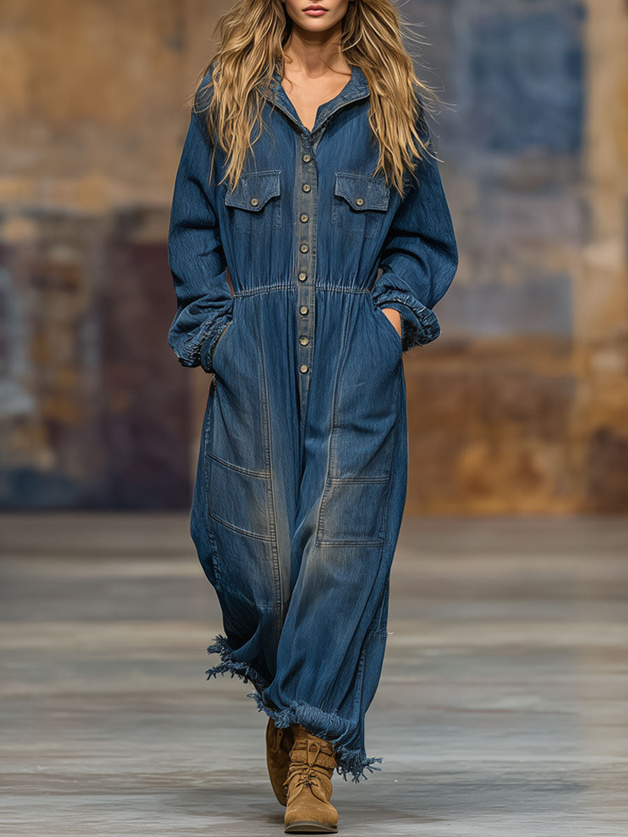 Casual Retro Distressed Frayed Dark Blue Denim Long-sleeved Jumpsuit