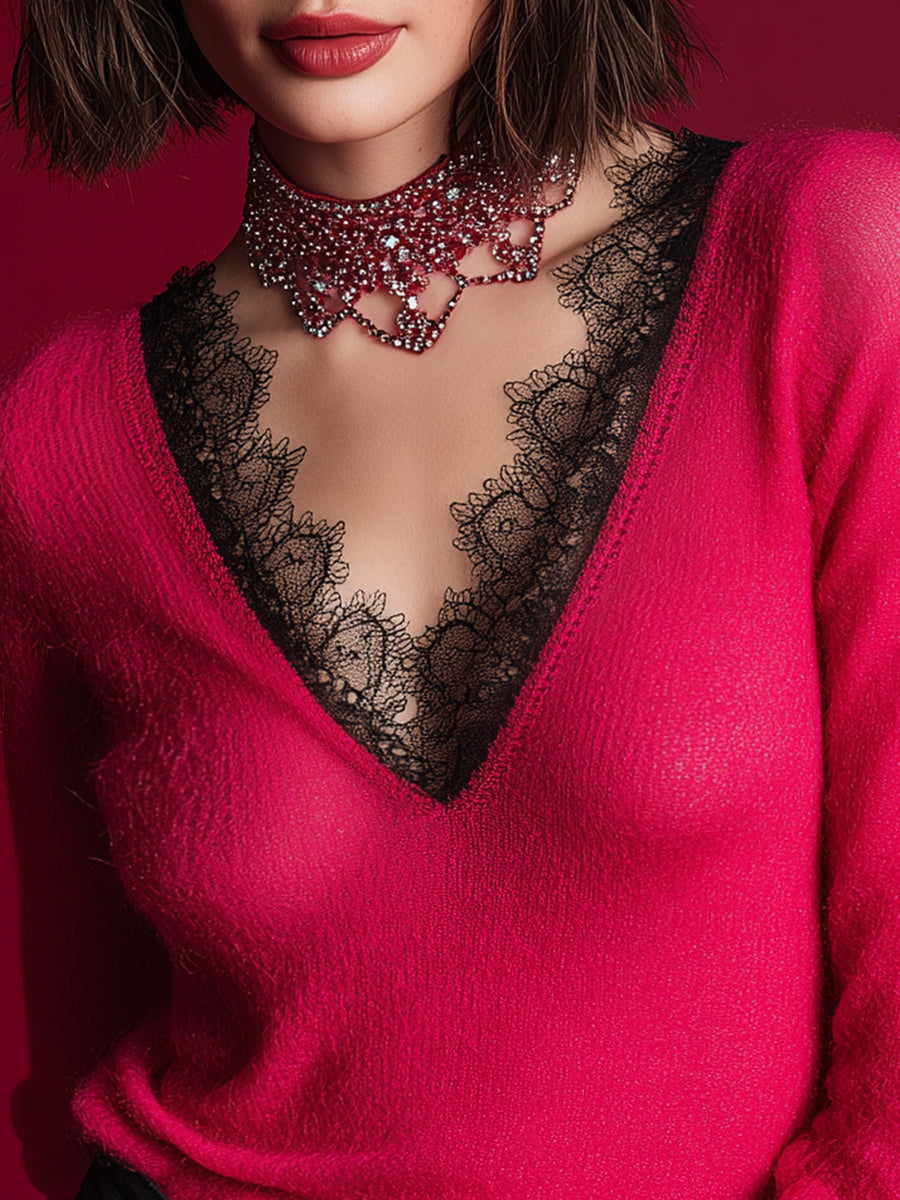 Stylish And Charming Black Lace V-neck Peach Red Knit Top