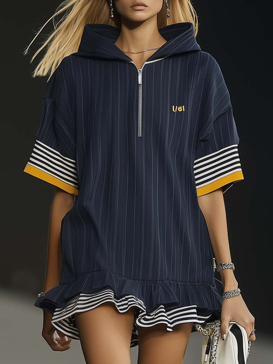 Casual Ultra-loose Front Zipper Short-sleeved Ruffled Hem Navy Blue Hoodie Style Mini Dress