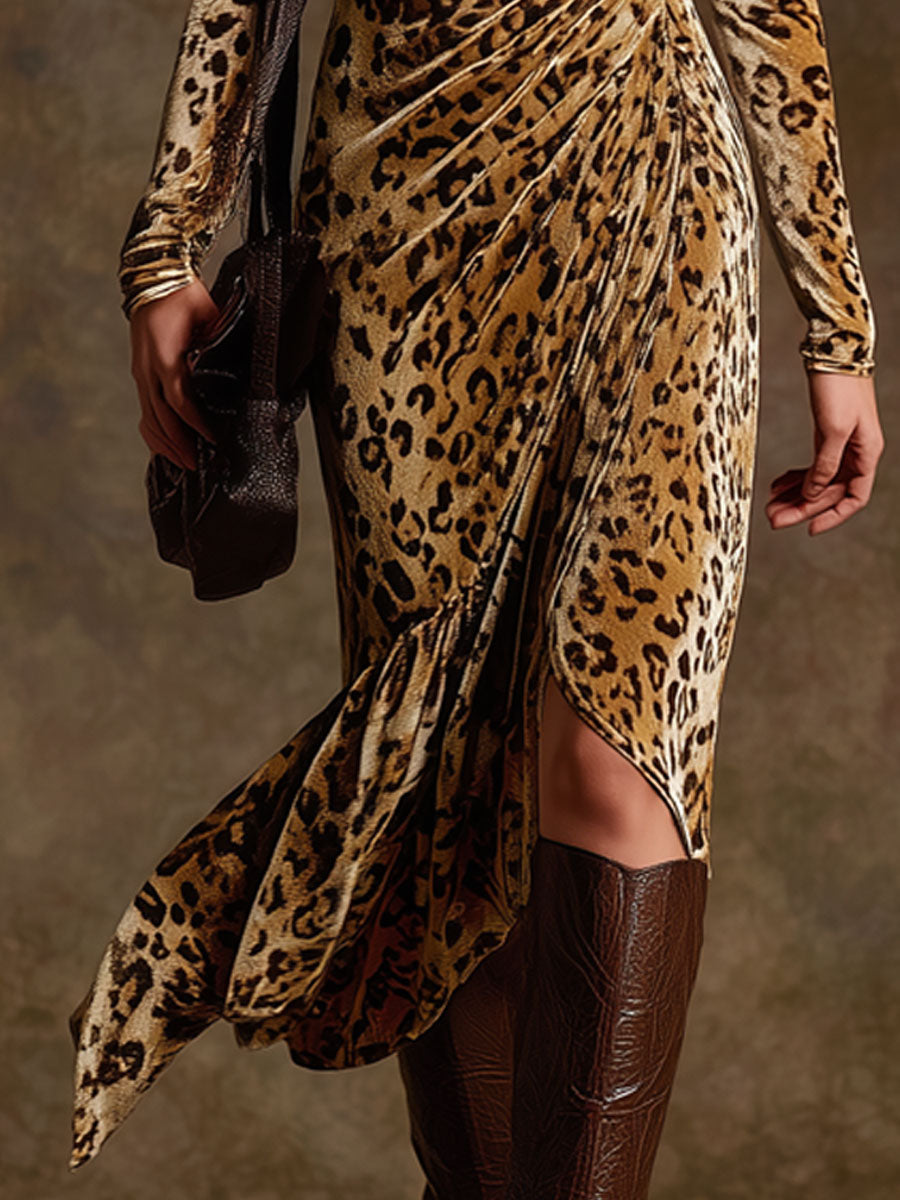 Trendy Retro Leopard Print Camel Velvet Long-sleeved Pleated Midi Dress