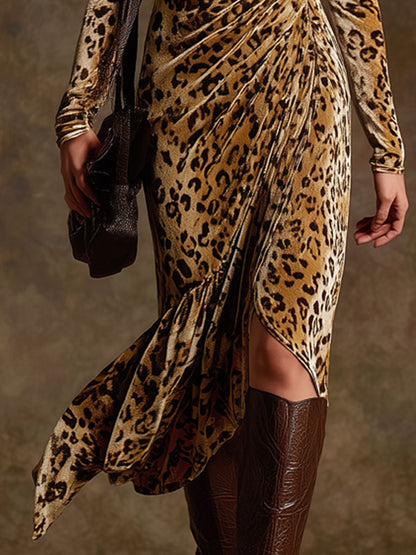 Trendy Retro Leopard Print Camel Velvet Long-sleeved Pleated Midi Dress