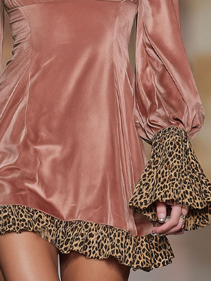 Western-style V-neck Leopard Print Patchwork Velvet Long-sleeved Mini Dress