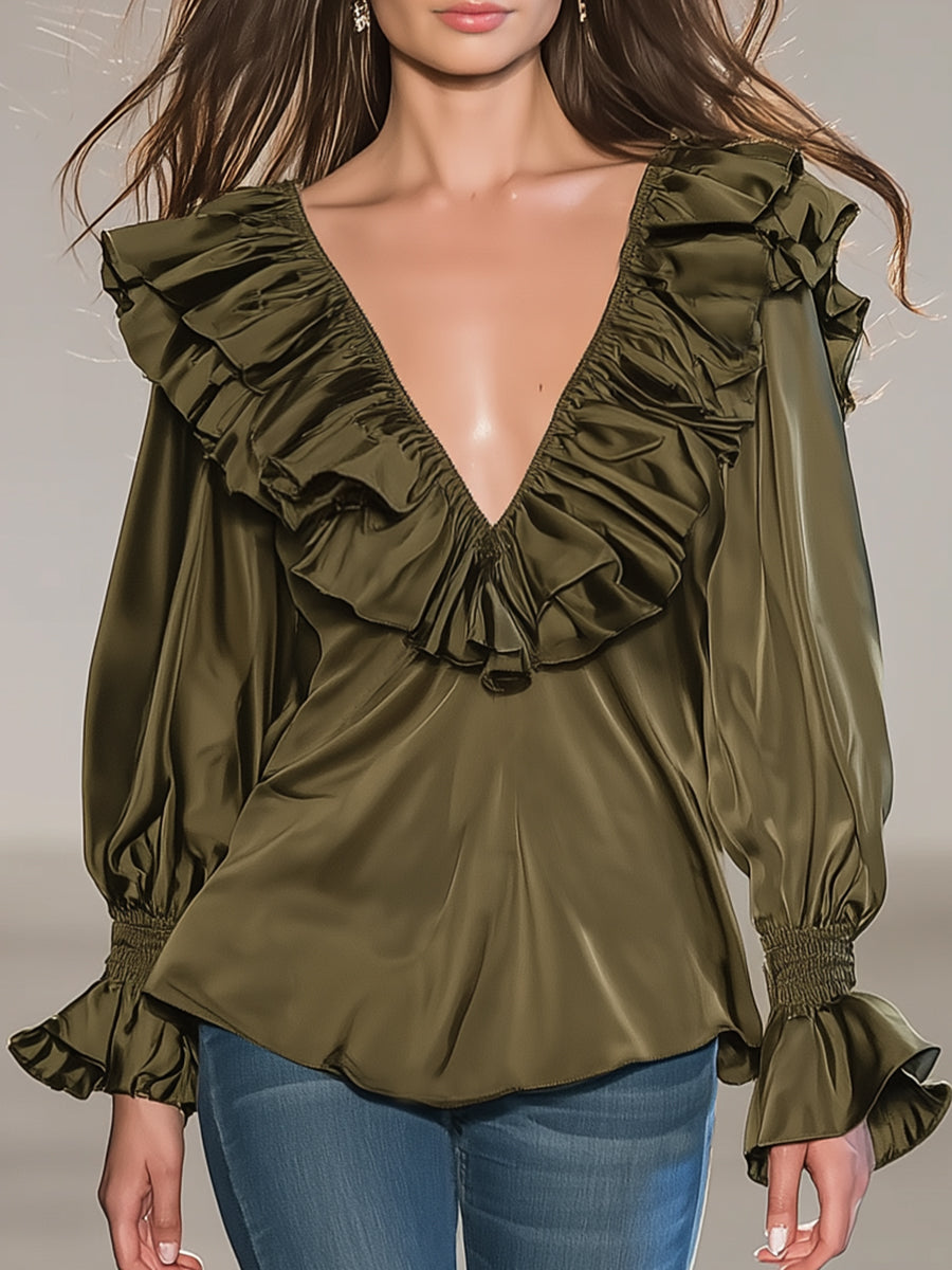 Casual And Stylish Ruffle Trim Olive Green V-neck Satin Shirt