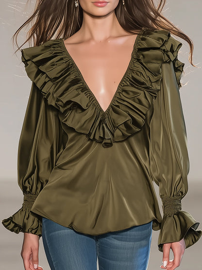Casual And Stylish Ruffle Trim Olive Green V-neck Satin Shirt