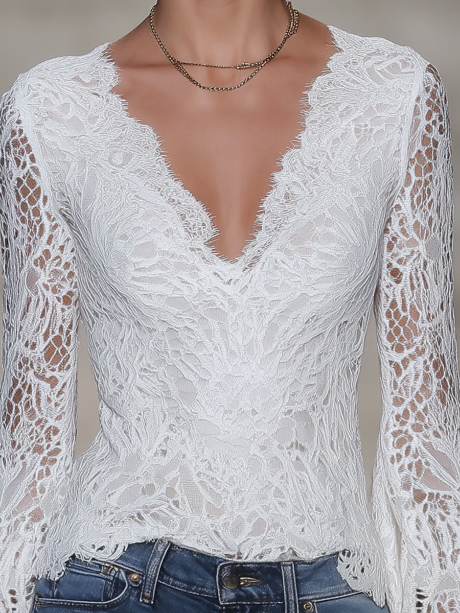 Stylish White Lace V-neck Bell Sleeve Top