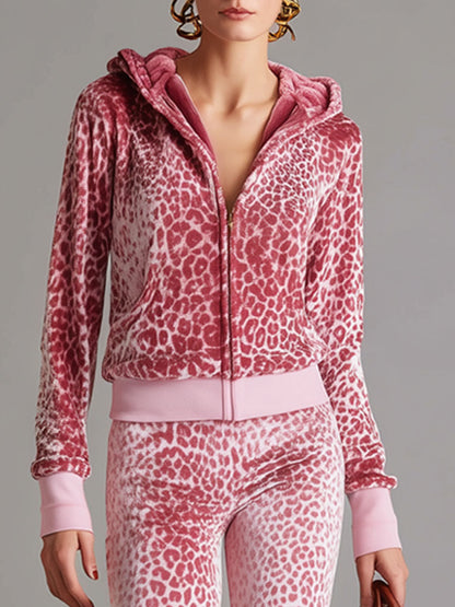 Casual Sporty Retro Pink Leopard Print Velvet Hoodie Flared Pants Set