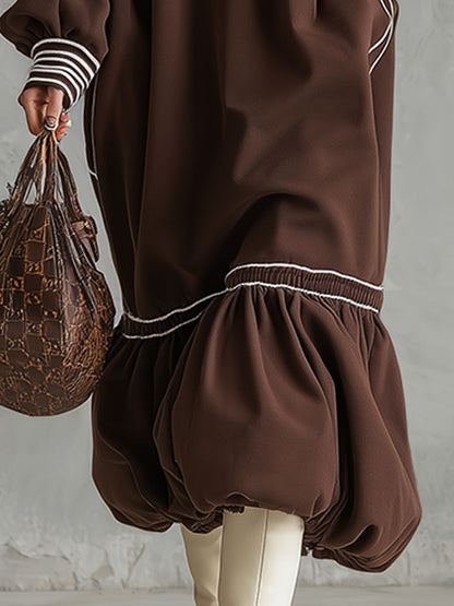 Stylish Sporty White-trimmed Brown Midi Dress