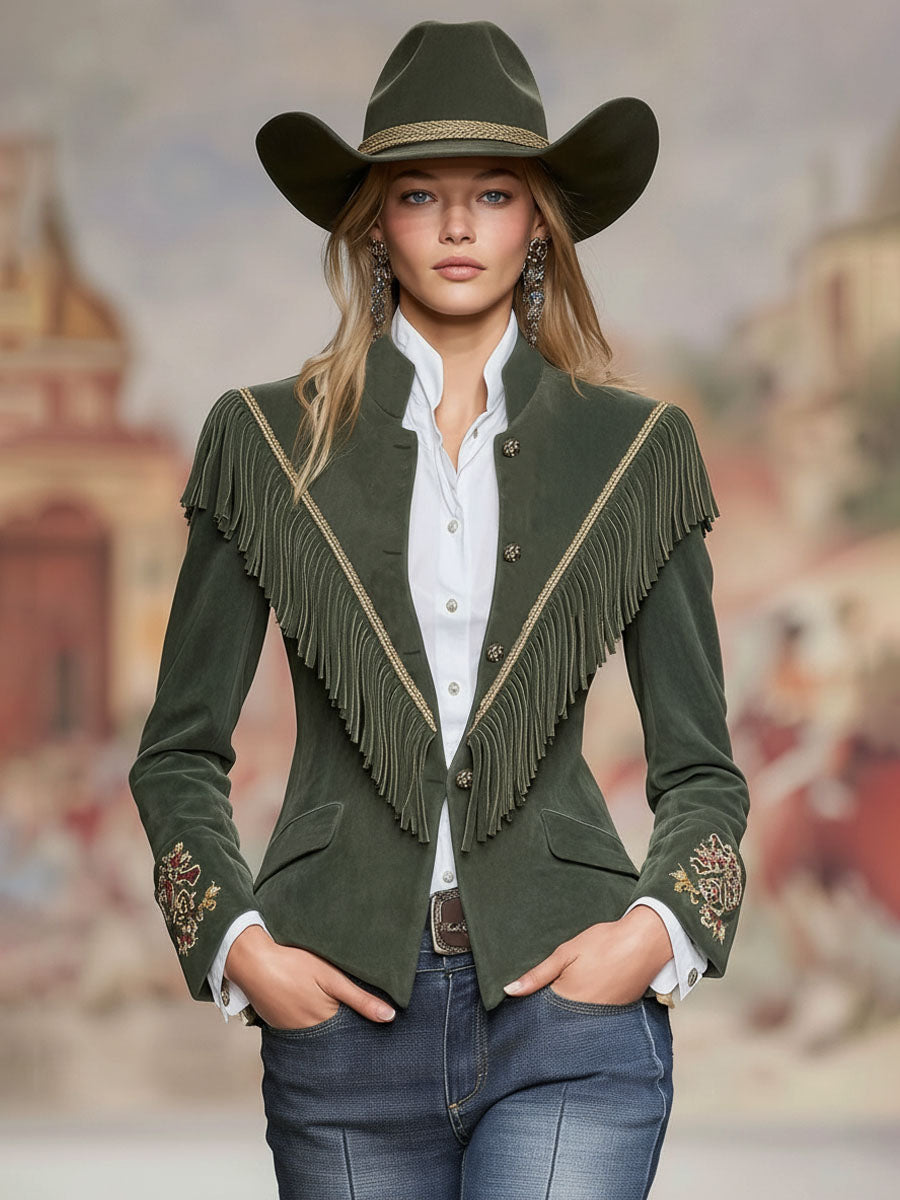 Western-style Embroidered Stand-up Collar Fringed Suede Jacket
