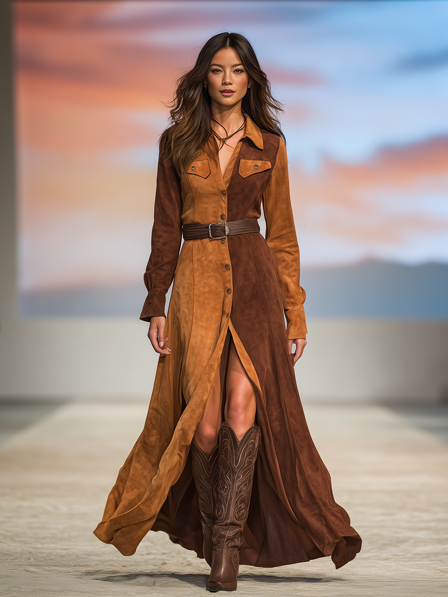 Western-style Retro Color-blocked Faux Suede Maxi Dress