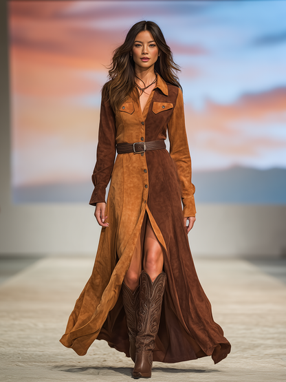 Western-style Retro Color-blocked Faux Suede Maxi Dress