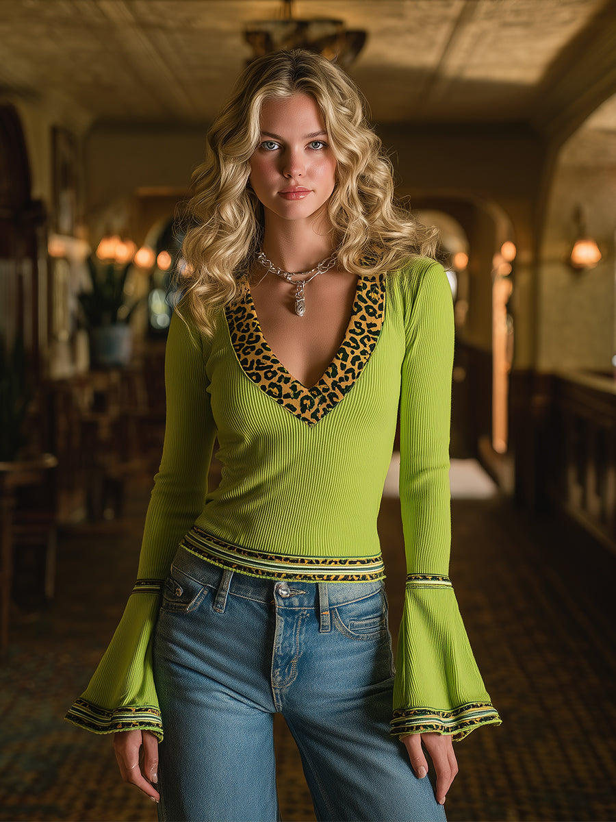 Stylish And Versatile Leopard Print Trim Fluorescent Green V-neck Knit Top