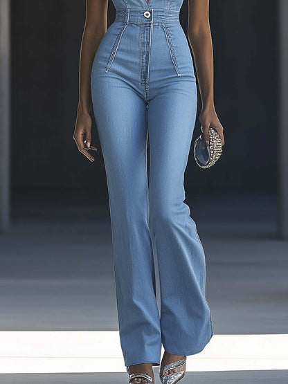 Simple and Fashionable V-neck Sleeveless Tight Light Blue Denim Jumpsuit