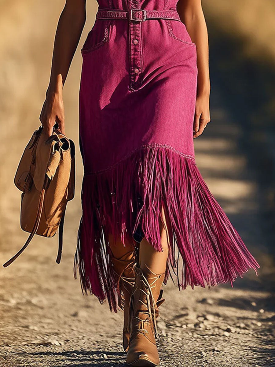 Casual Retro Fuchsia Denim Sleeveless Shirt Tassel Lace-up Midi Dress