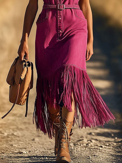 Casual Retro Fuchsia Denim Sleeveless Shirt Tassel Lace-up Midi Dress