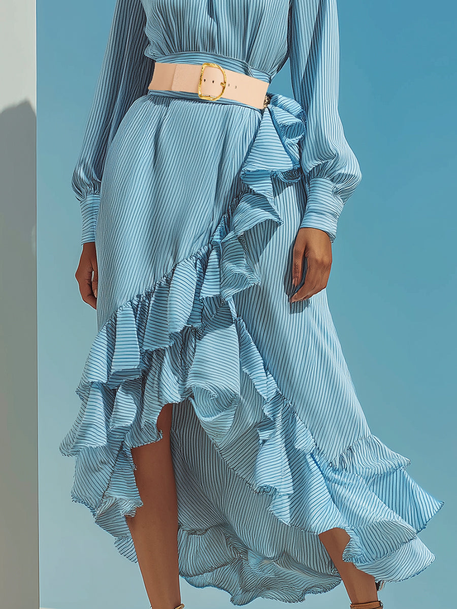 Casual Light Blue Striped Ruffled Maxi Dress