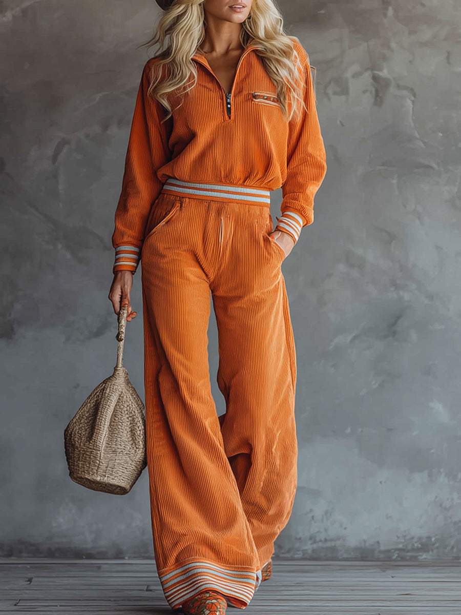 Trendy Sporty Orange Corduroy Half-zip Top And Wide-leg Pants Casual Set