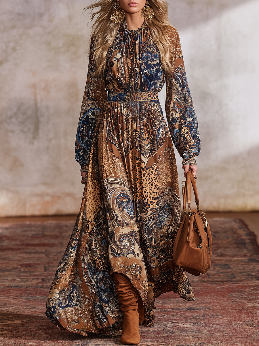 Bohemian Chiffon Printed Lantern Sleeve Maxi Dress