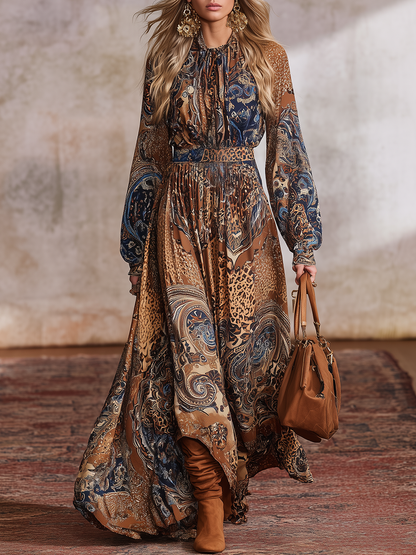 Bohemian Chiffon Printed Lantern Sleeve Maxi Dress