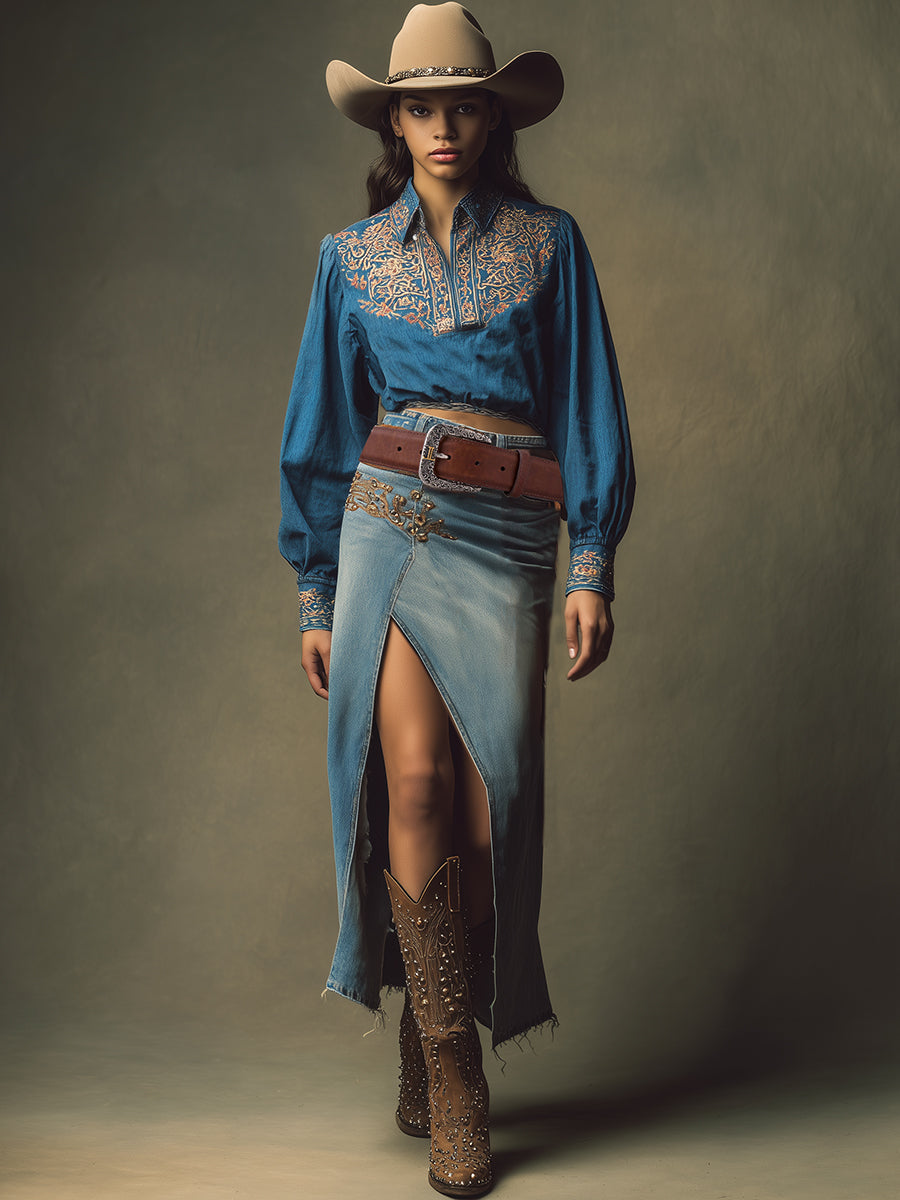 Casual Retro Blue Denim Rhinestone Slit Skirt