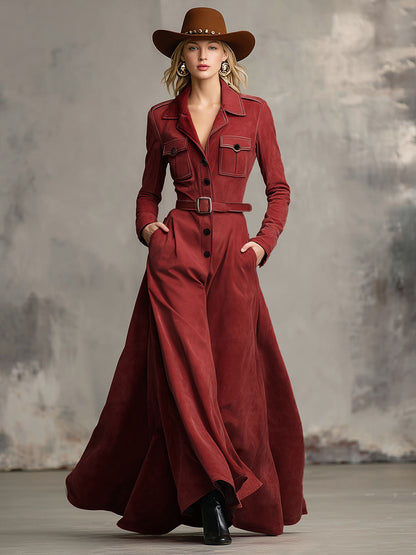 Western-style Lapel Multi-pocket Single-breasted Faux Suede Maxi Dress