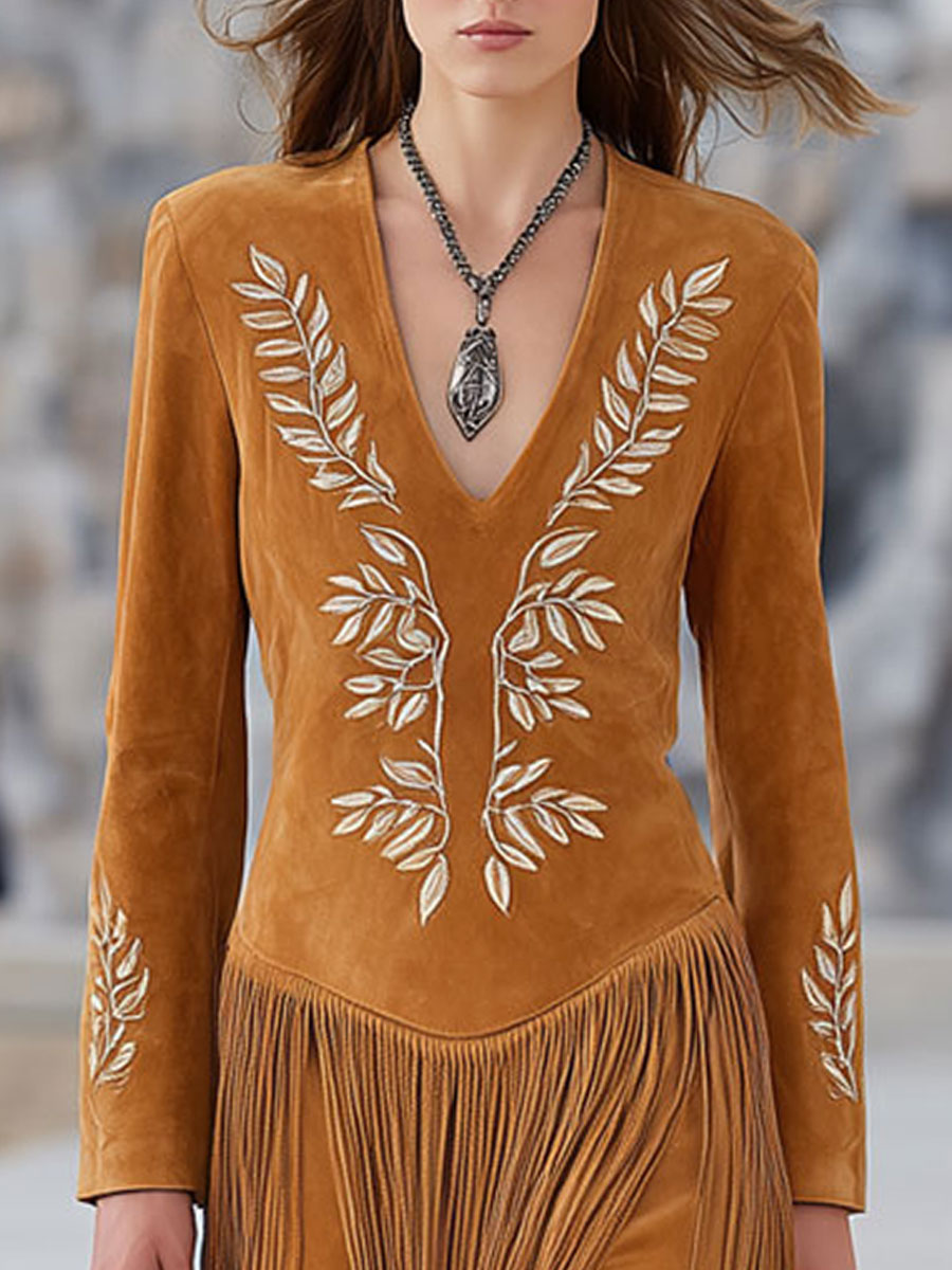 Western-style Vintage Leaf Embroidery Caramel Faux Suede Tassel Midi Dress