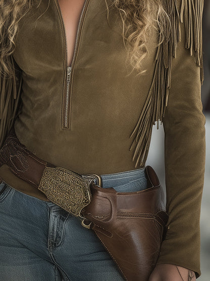 Casual Retro Olive Green Faux Suede Tassel Shirt