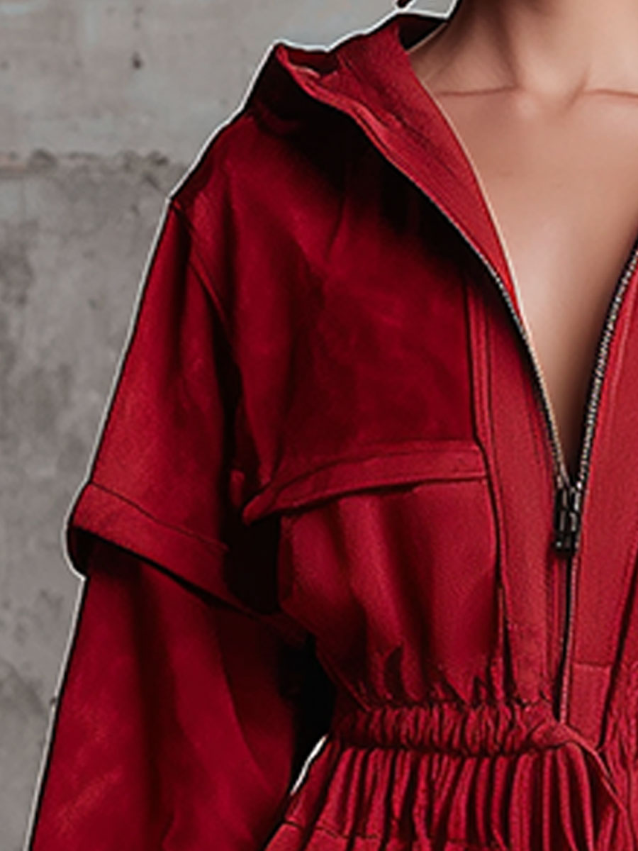 Western Retro Red Hooded Half-Zip Faux Suede Mini Dress