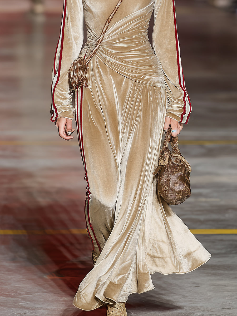 Casual And Stylish Red Striped Beige Velvet Sporty Maxi Dress