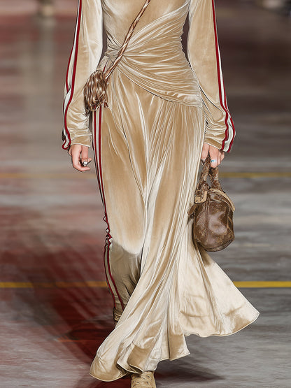 Casual And Stylish Red Striped Beige Velvet Sporty Maxi Dress