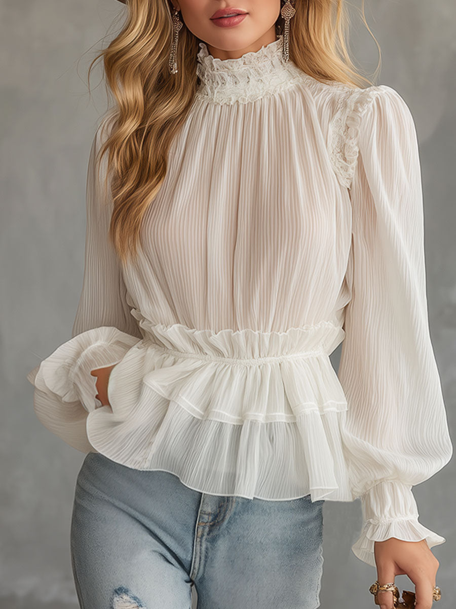 Stylish And Elegant White Chiffon Lace Ruffled Shirt