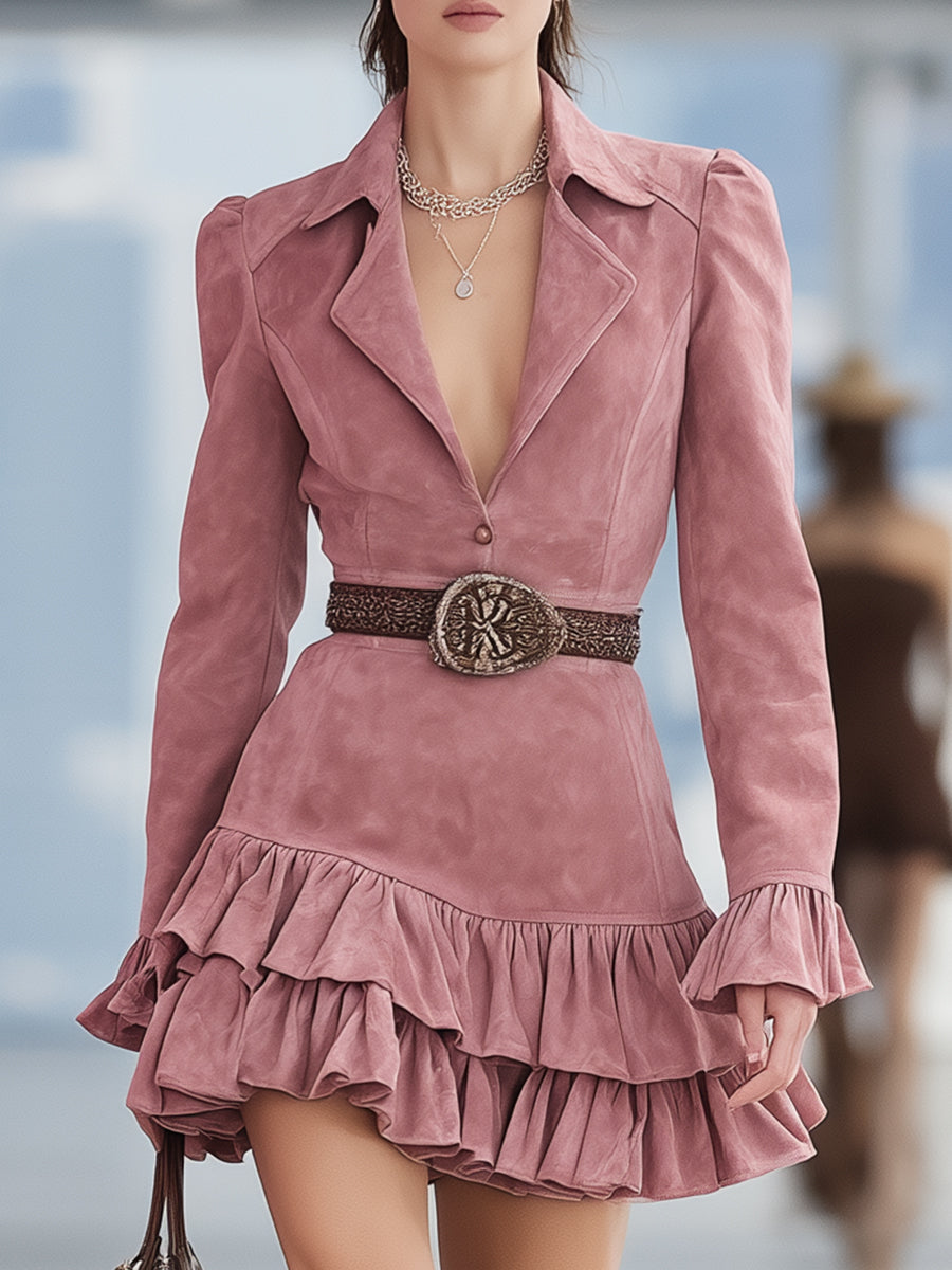 Western-style Pink Faux Suede Shirt Collar Ruffled Mini Dress