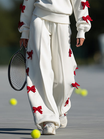 Ballet-inspired Sporty Red Bow White Sweatshirt And Wide-leg Pants Set