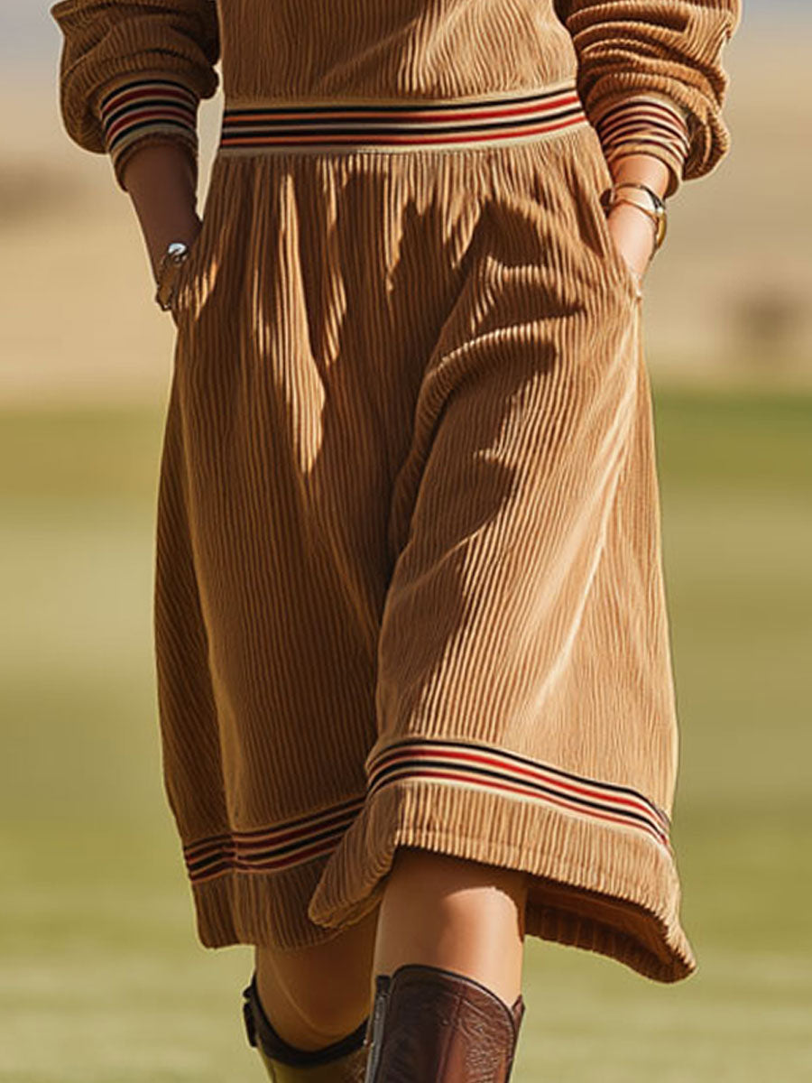 Sporty Retro Striped Half-zip Long-sleeved Camel Corduroy Mini Dress