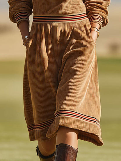 Sporty Retro Striped Half-zip Long-sleeved Camel Corduroy Mini Dress