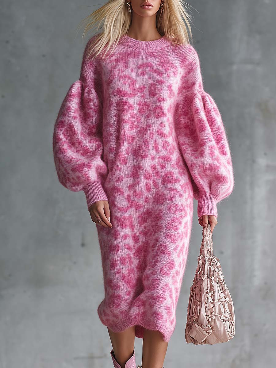 Casual Fashion Retro Crew Neck Puff Sleeves Pink Leopard Print Knit Midi Dress