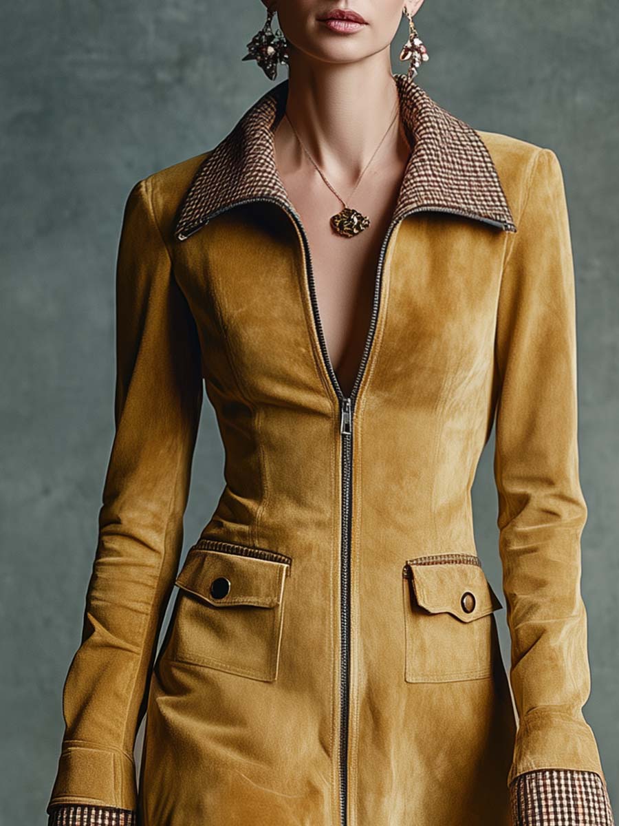 Vintage Elegant Western Lapel Front Zipper Plaid Ruffled Hem Gold Eco-friendly Suede Mini Dress