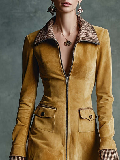 Vintage Elegant Western Lapel Front Zipper Plaid Ruffled Hem Gold Eco-friendly Suede Mini Dress