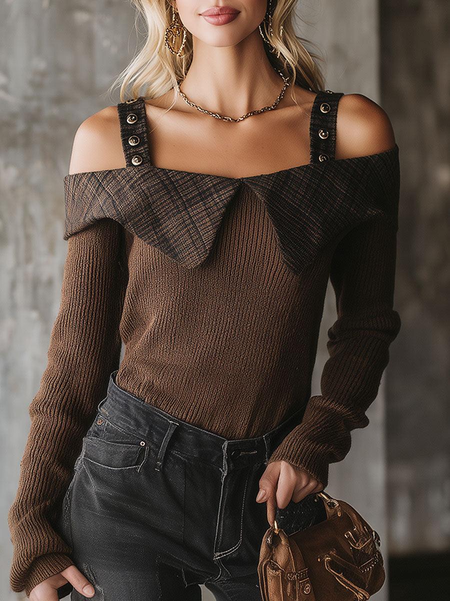 Stylish Retro Plaid Collared Wide-strap Brown Off-the-shoulder Knit Shirt