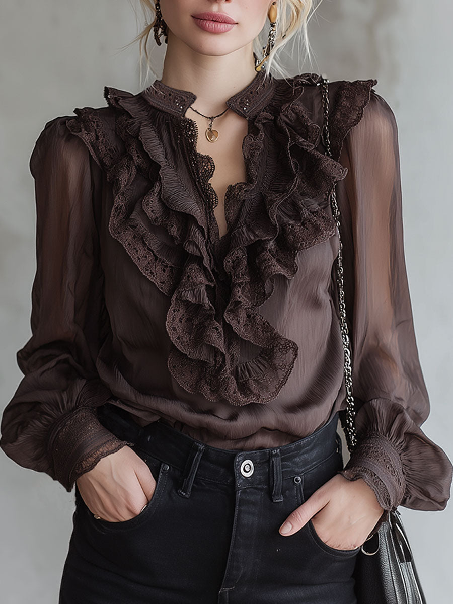 Stylish Brown Ruffled Chiffon Long-Sleeved Shirt