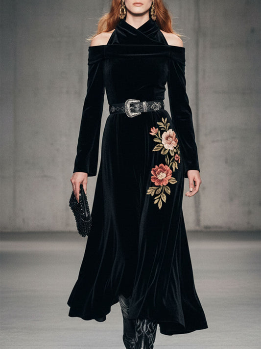 Western Black Velvet Neckline Unique Design Embroidered Midi Dress