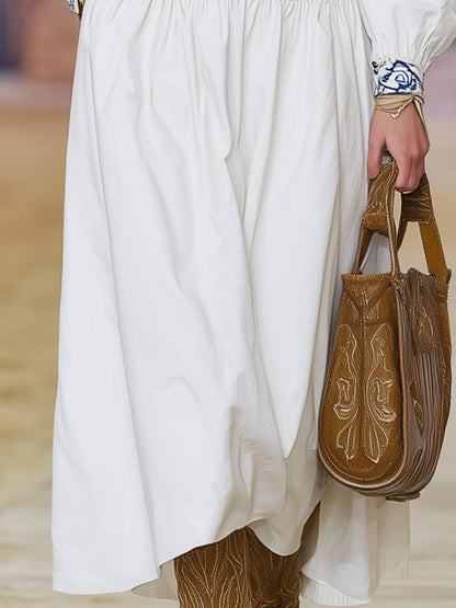 White Embroidered Neckline, High-elastic Waist Midi Dress