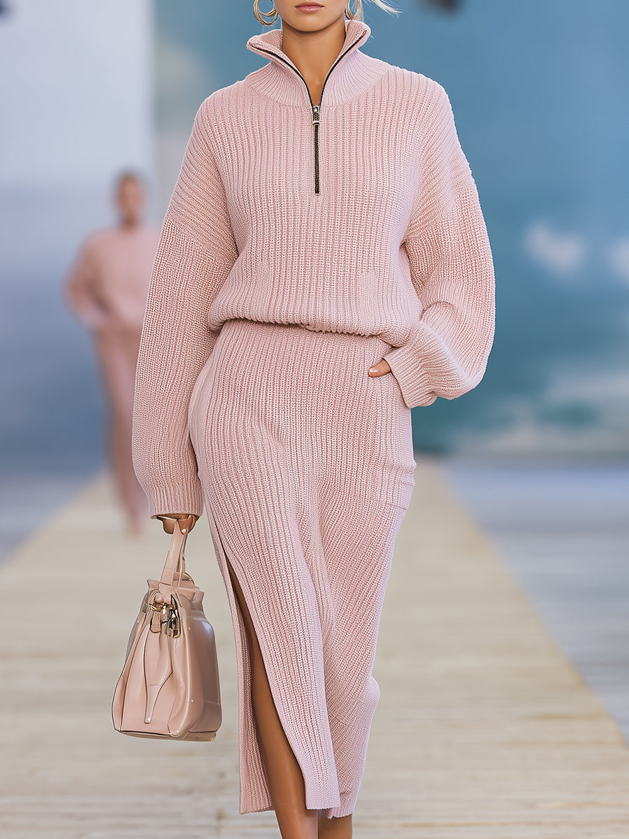 Casual And Stylish Stand-up Collar Pink Knitted Slit Midi Dress