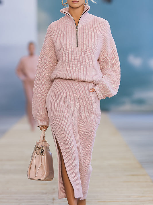 Casual And Stylish Stand-up Collar Pink Knitted Slit Midi Dress